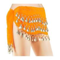 Belly Dance Hip Scarf Women Waist Scarf Belly Dance Skirt with 98 Golden Coins Knot Tying Hip Wrap for Dance Training Performance Beach Wear oranžinė