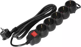 Orno Przedłużacz 5 kontaktų prailgintuvas 2P+Z (Schuko) su jungikliu, 1,5 m H05VV-F 3x1,5mm2, Imax=16A, plokščias kištukas, juodas