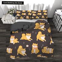 Comforter Cartoon Shiba Inu King Queen Bedding Set Yellow Pet Puppy Cherry Blossoms Tree Polyester Comforter Comforter (quilt)-EU Single(135*200cm)3pcs