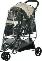 PawHut 2-in-1 šunų vežimėlis su apsauga nuo lietaus, sulankstomas, skirtas šunims ir katėms iki 10 kg, su pagalve, tinkliniais langais, durelėmis ir krepšiu daiktams, chaki spalvos