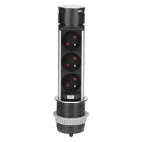 Orno Wpuszczane Įleidžiamas baldų lizdas Ø6cm su USB įkrovikliu ir 1,5m laidu, 3x2P+Z, 2xUSB (A ir C tipo), INOX