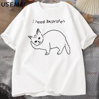 I Need Ibuprofen Cat T-Shirt Funny Cute Cat Tee Shirt Mental Health T Shirt Men Cat Lover Tshirt Loose Clothing Streetwear XXXL balta
