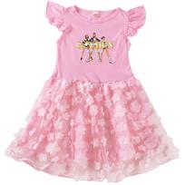 4115 Kids Girls Rumi Zoey Mira Print Round Neck Flower Applique Dress 100cm rožinė