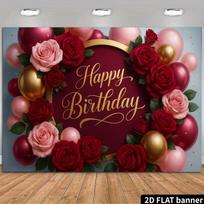 2D Red Pink Rose Happy Birthday Backdrop Banner Gold Balloon Party Background Decor 47.2x31.5inch/120*80cm