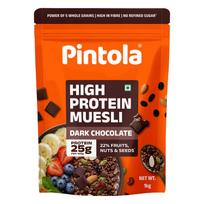 Pintola Didelio baltymų kiekio muslis Tamsusis šokoladas ir spanguolės 1kg, 25g baltymų, daug skaidulų, be transriebalų, su ruduoju cukrumi, tikrais vaisiais, muslis pusryčiams