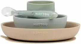 Nattou silikoniniai indai vaikams, 4in1 rinkinys su puodeliu | Žalia