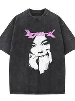 Unisexs Retro Bjrk Graphic TShirt  Loose Fit Vintage Music Theme Top with Pink Lettering and Iconic Portrait Design M