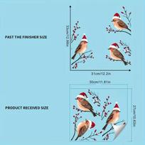1Set Christmas Red Berry Branches Three Birds in Santa Hats Window Stickers Self-adhesive Wall Party Vinyl Decals Festival Decor (as the picture,30x27CM)