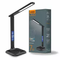 LED stalinė lempa su LCD ekranu, pritemdoma 7W 490Lm 3000/4000/5500K VIDEX VLE-TF05B | RIO juoda – įmontuotas laikrodis, kalendorius ir termometras