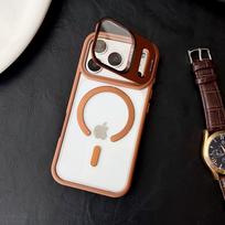 Apple 17 Pro Max Magnetic Leather Phone Case with Invisible Lens Stand - Drop-Proof Protection for iPhone 16 16 Pro oranžinė