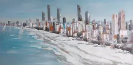 Eurofirany Mėlynos ir baltos spalvos jūros peizažas, rankomis tapytas paveikslas ant drobės, pakrantės stiliaus sienų dekoras, 140x70 cm vandenyno kraštovaizdis, rami jūrinė scena svetainei ar miegamajam