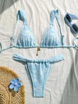 2025 Naujas Specialaus Audinio Žiedlapių Rašto String Bikini - Europos ir Amerikos Seksualus Dizainas Medium dangaus mėlyna spalva