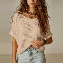 Women Short Sleeve Knit Top Lightweight Summer Sweater Hollow Out Beach Cover Up Loose Fit Pullover XL smėlis