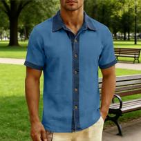 Men Short Sleeve Button Down Shirt Casual Lapel Collar Patchwork Design Lightweight Breathable Fabric for Daily Wear XXXL mėlyna