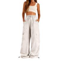 Women’s Loose Fit High Waist Cargo Pants with Elastic Waistband Multiple Pockets and Drawstring Hem Wide Leg Trousers for Daily Wear L smėlis
