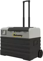 „Outsunny“ kompresorinis šaldytuvas 56 l, automobilių šaldytuvas 12/24 V DC ir 240 V AC iki -20 °C, nešiojamasis šaldiklis su ECO/MAX režimais, mini šaldytuvas su teleskopine rankena, ratukais, skirtas stovyklavimui, sunkvežimiams, valtims ir kištukiniam lizdui