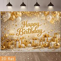 2D Gold Glitter Happy Birthday Party Backdrop White Gold Balloon Cake Photo Booth Banner 47.2x31.5inch/120*80cm