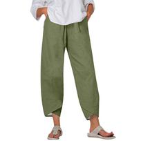 Women's Summer Casual Wide Leg Pants with Pockets Lightweight Loose Fit Elastic Waistband Comfortable Trousers for Daily Wear L armijos žalia spalva