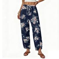 Women’s Relaxed Fit Wide Leg Drawstring Printed Long Pants Casual Straight Trousers Lightweight Comfortable Design S mėlyna