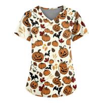Women's Halloween Pumpkin Print V-Neck Short Sleeve T-Shirt Festive Fall Casual Top L smėlis