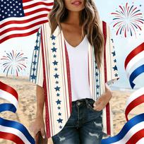 Women’s Open Front Loose Fit Kimono Cardigan with Star and Stripe Print Lightweight Short Sleeve Top for Casual Wear L smėlis