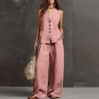 Women’s Two Piece Sleeveless Vest and Wide Leg Pants Set Button Front Relaxed Fit Lightweight Fabric for Daily Wear Office Travel XS rožinė