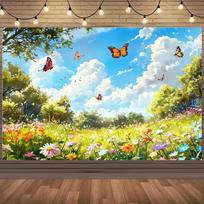 2D Spring Wildflower Meadow Photography Backdrop Butterfly Blue Sky Background 47.2x31.5inch/120*80cm