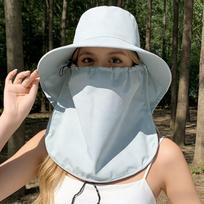 Windproof Rope Wide-Brimmed Shawl Mask Hat Solid Color Breathable Sunshade Sun Hat Polyester Face Cover Picking Tea Hat Summer mėlyna