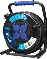 Orno Przedłużacz Profesionalus IP44 prailginimo laido ritė, 4 lizdai 2P+Z (schuko), alyvai atsparus guminis kabelis, H07RN-F 3x2,5mm², ilgis 20m, unikalus CUBE stovas, FIKSUOTI LIZDAI, šiluminės perkrovos relė, srovės kelio sklendės
