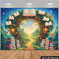 2D First Day of School Backdrop, Magical Book Arch with Sunlit Forest Path Background for Party 47.2x31.5inch/120*80cm