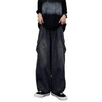 Men Baggy Cargo Jeans Multiple Pockets Solid Color Zipper Fly Loose Straight Wide Leg Pants Autumn Denim Trousers Streetwear XL juoda