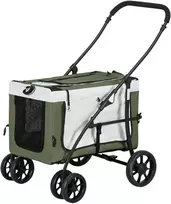 „PawHut“ 2-in-1 sulankstomas šunų ir kačių vežimėlis iki 10 kg, su pagalvėle, tinkliniais langais, durelėmis ir krepšiu daiktams laikyti, tamsiai žalias