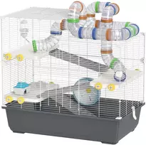 PawHut Hamsterio narvelis, 4 aukštai, graužikų narvelis, mažų gyvūnų narvelis su bėgimo rateliu, ėdalo dubenėliu, tuneliu, nameliu, viršutinėmis durelėmis, mažų gyvūnų narvelis, narvelis siriniams žiurkėnams 78 x 45 x 73 cm, pilkos spalvos
