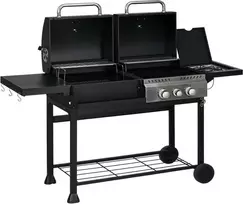 "Outsunny" dujinis kepsninės vežimėlis su 2+1 degikliais, termometru, 3 kW, BBQ anglių kepsninė, lentyna, šoninė lentyna, kablys, kempingas, juodas