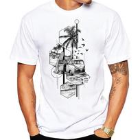 Rotre Beach Scene Cars Tattoo Men T Shirt Vintage Beach Bus Surf Sport Cloth Retro Surfing Board Tops Hipster Boy Tees XXXXL