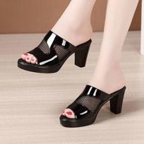 Women's 2024 Summer Cool Slippers with Water Platform and Thick Mid Heel Button Closure New Mesh Design 34