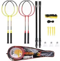 NRZ264 ALIUMINIO / BADMINTONO RINKINYS 4 RAKETĖS + 3 PLUNKSTINĖS langinės + TINKLAS 600x60cm + NILS dangtelis