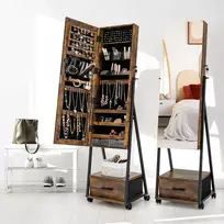 Promotions Papuošalų spintelė, mobilus stovintis su užrakinamais ratais ir pilno ilgio veidrodžiu, 41.9x38.1x157.5 cm, ruda balta