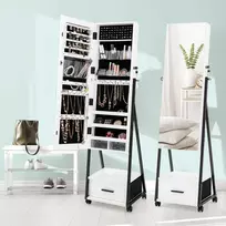 Promotions Papuošalų spintelė, mobilioji, stovinti, užrakinama su pilno ilgio veidrodžiu, 41.9x38.1x157.5 cm, balta