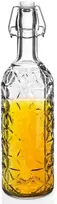 Dekoruotas stiklinis butelis alkoholiui, vynui, likeriui, sirupui, sultims su kamštiniu spaustuku 0,75 l