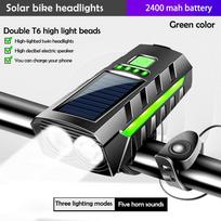 Bicycle Headlight with Horn 130DB Horn Solar Charging Ultralight Bike Headlight MTB Road Bike Front Lamp Flashlight Bike Light žalia