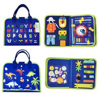 Children's travel toy felt activity quiet busy board, an educational sensory learning book for basic dressing hand movements mėlyna