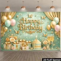 2D Floral Champagne Happy Birthday Backdrop Banner for Luxurious Party Supplies 47.2x31.5inch/120*80cm