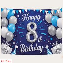 2D Blue Silver 8th Birthday Backdrop Banner Triangle Flag Balloon Happy Birthday Party Decor Background 47.2x31.5inch/120*80cm