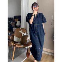 Hong Kong Retro Denim Midi Dress - Summer 2025 Women's Casual Loose Fit L tamsiai mėlyna spalva