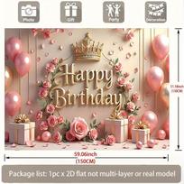 2D Girls Happy Birthday Photo Backdrop Banner Pink Gold Crown Rose Balloon Gift Party Background Cloth 47.2x31.5inch/120*80cm