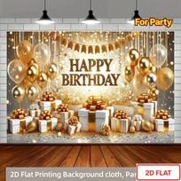 2D Happy Birthday Photo Backdrop Banner Gold Glitter Tassel Curtain Balloon Party Background Cloth 47.2x31.5inch/120*80cm