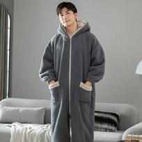 Men's Winter Flannel One-Piece Pajamas: Thick Coral Fleece Homewear for Teens and Adults Large