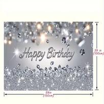 2D Silver Glitter Diamond Happy Birthday Backdrop for Photoshoot 47.2x31.5inch/120*80cm