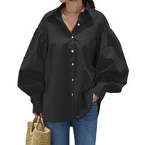 Women’s Long Sleeve Button Down Shirt Loose Fit Cotton Blouse with Drop Shoulder and Point Collar for Casual Wear L juoda
